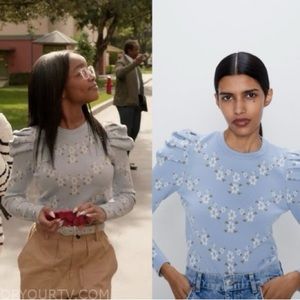 ZARA Women Blue White Floral Puff Shoulders